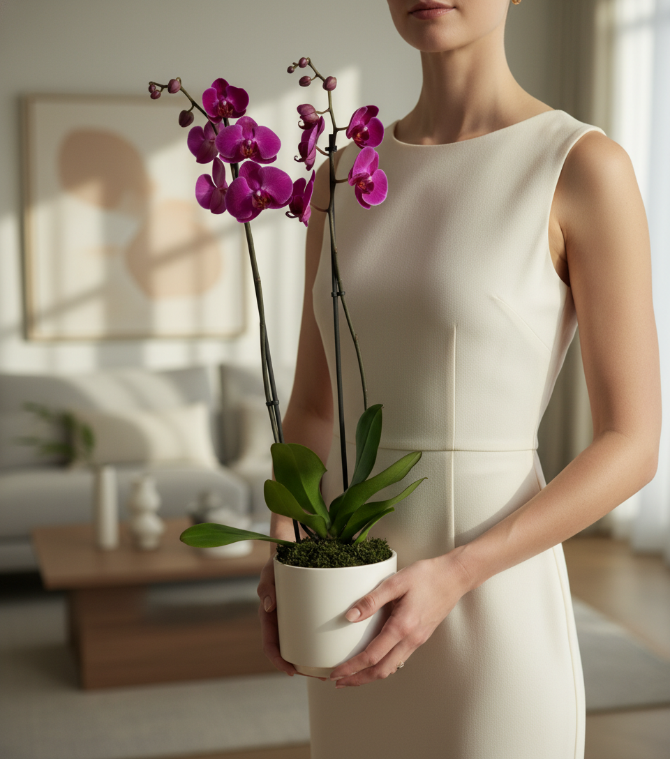 Mor Çift Dal Phalanopsis Orkide Beyaz Seramik Saksıda