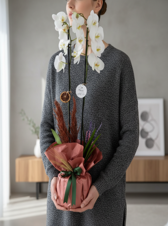 Beyaz Çift Dal Phalanopsis Orkide Somon Kağıtta