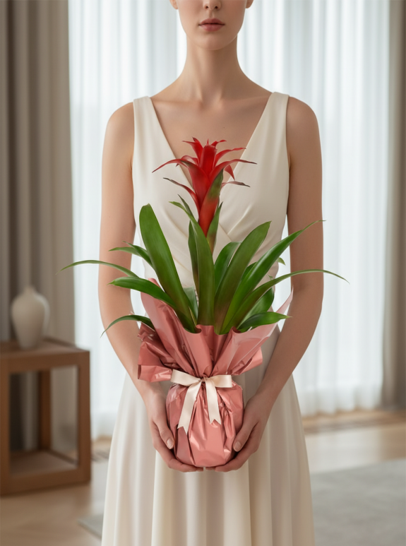 Kırmızı Guzmania Pembe Kağıtlı Saksıda